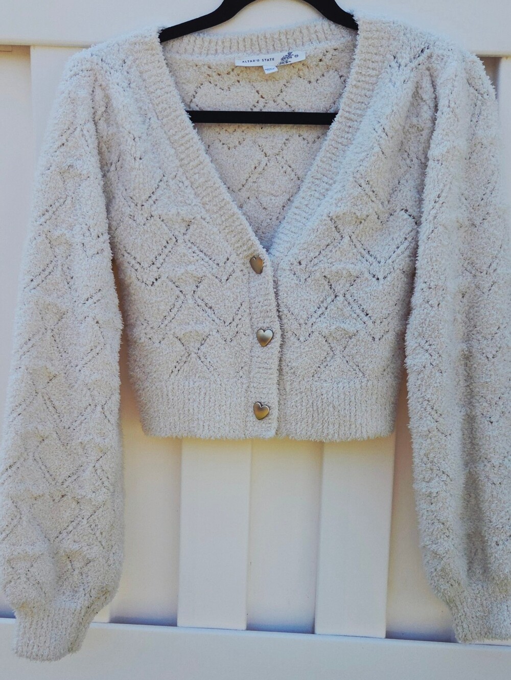 Altar'd State Cream Textured Cropped Cardigan with Heart Buttons Size XS